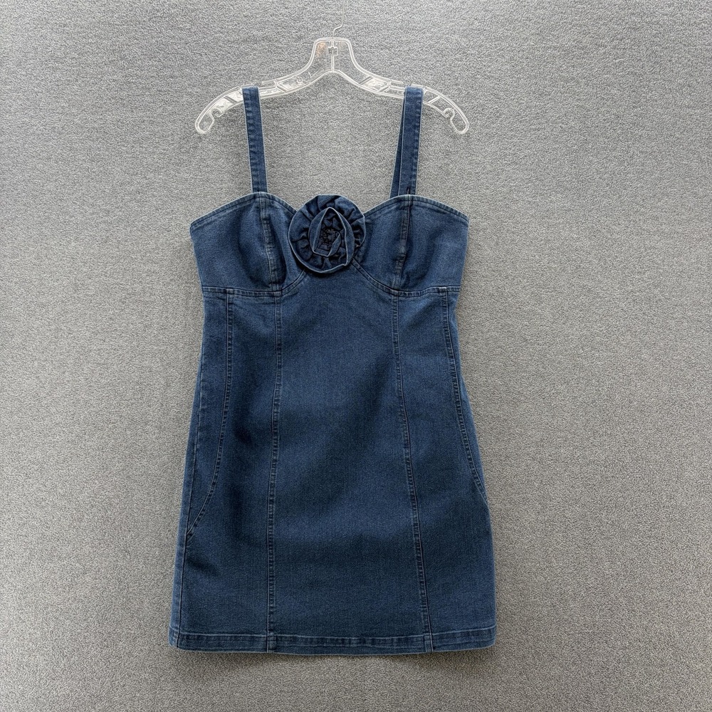 Porridge Dress Large Blue Denim Sweetheart Floral Applique Mini Sundress